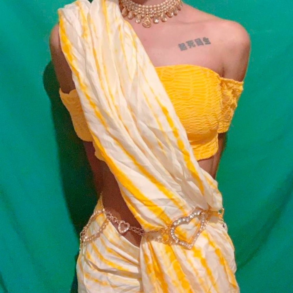 Yellow Satin Tie Dye Sarong Saree NO BLOUSE